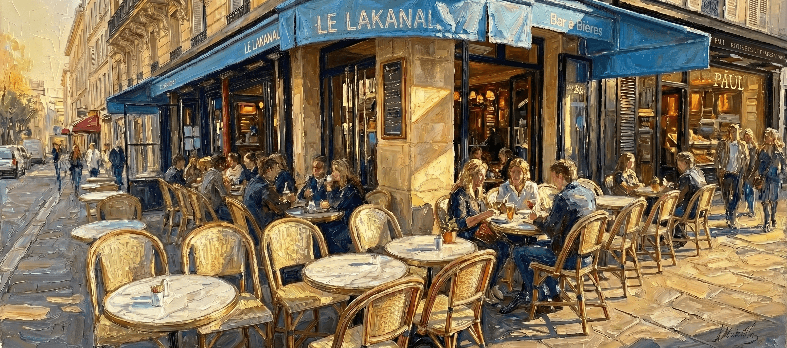 Peinture à l’huile représentant Le Lakanal, brasserie à Denfert-Rochereau, Paris 14e